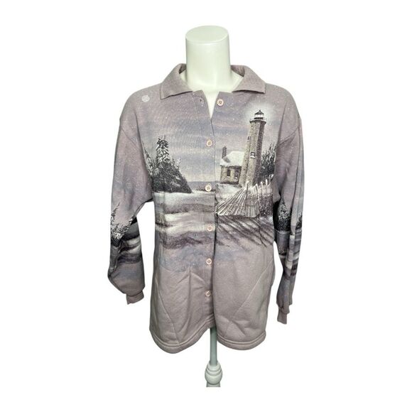 Artisans‎ Button Front Sweatshirt Purple Winter Lighthouse Sz Medium - Picture 1 of 8